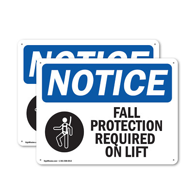 (2 Pack) Fall Protection Required On Lift OSHA Notice Sign Decal Metal Plastic