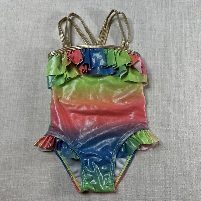 Real Love Baby Girls One Piece Swimsuit Size 12M Rainbow Shimmer Ruffle New