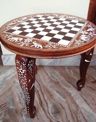 12 Chess Board Table Elephant Hand Carved Inlaid Work Square Rosewood  Foldable