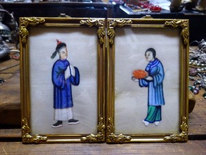 Pair of Antique Chinese Gouache Pith Miniature Court Paintings in Brass Frames