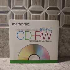 Memorex 5 Pack High Speed 12x CD-RW Media 700MB 80min Discs In Slim Cases