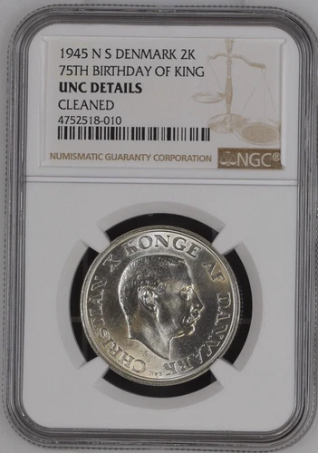 1945 DENMARK King Christian X Silver 2 Kroner 75th BIRTHDAY Coin NGC UNC Details