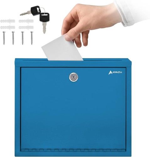 Modern Blue Suggestion Box with Key Lock & Drop Slot for Payments - 3x10x12 Inch - Picture 3 of 11