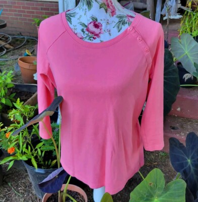 LL Bean Top Women M Pink Cotton Long Sleeve Mock Neck T-Shirt 