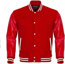 Hatch Sports Letterman Varsity Bomber Baseball Jacket Red Wool & Red Cowhide Lea