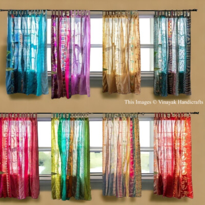 Indian Sari Patchwork Curtain Drape Handmade Window Decor Silk Sari Boho Curtain