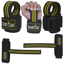 DEFY SPORTS™ Weight Lifting Power Straps Wrist Support Black With Yellow Stripes