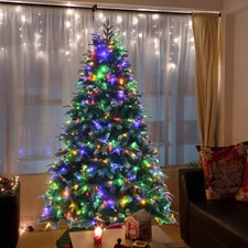7' Pre-Lit Snowy Christmas Hinged Tree 11 Flash Modes w/ 450 Multi-Color Lights