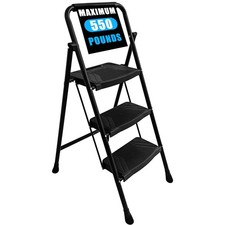 BIRCHTREE 3 Step Ladder Heavy Duty Folding Steel 250kg Non-Slip Feet Safety Lock