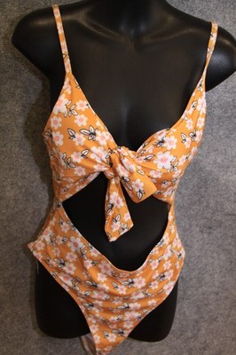 KNAPPER CUT OUT SCHWIMMANZUG BADEANZUG GRÖSSE 40 ORANGE MIT BLUMEN  MIT PADS