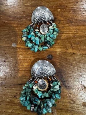 SIGNED TABRA 925 Silver Chip Turquoise & Bone/Spiny Oyster Dangle Earrings