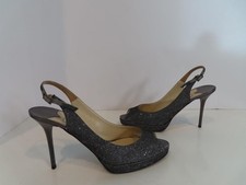 Jimmy Choo Pewter Glitter Peep Toe 100mm Nova Slingback Heels 39.5/US 9.5