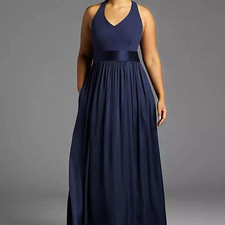 White Vera Wang Navy Satin V-Neck Halter Maxi Dress Bow Lined Formal Size 6
