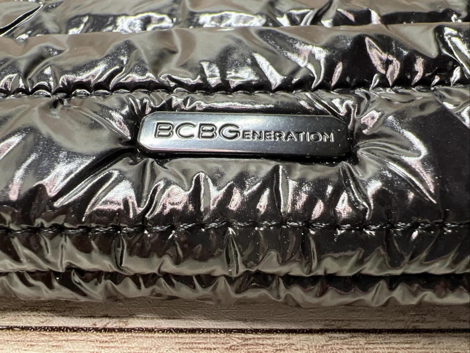 BCBGeneration Shiny Black Puffer Crossbody Bag Spellout Strap w/Chain Strap - Image 3 of 4
