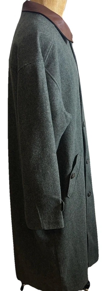 Vintage Eddie Bauer Wool Herringbone Tweed Overcoat Leather Collar Men's Large - Image 4 of 4