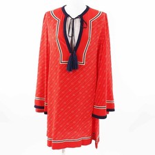 GUCCI Silk GG Diagonal Fringe Ribbon Tunic Dress Red Size 36