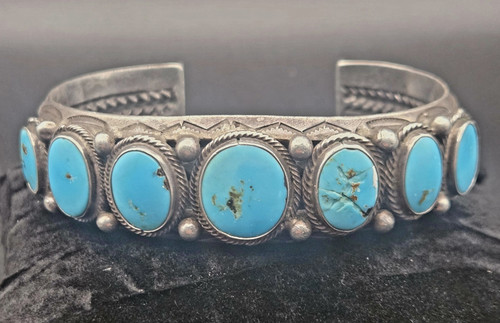 Vintage Native American Sterling Silver Natural Turquoise Cuff Bracelet - 58g
