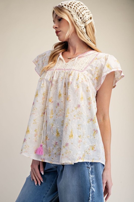 New Easel Womens Floral Ruffle Sleeve Relaxed Fit Top Blouse 100% Cotton Small