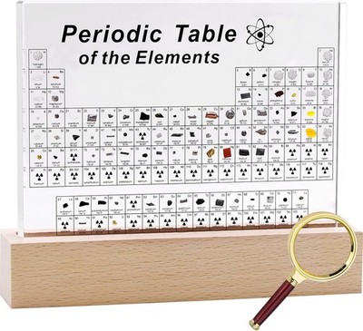 Periodic Table with 83 Real Elements Acrylic Display with Wooden Stand & Glass