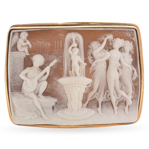 Antique 14k Yellow Gold "Orpheus Playing for Three Graces" Cameo Brooch