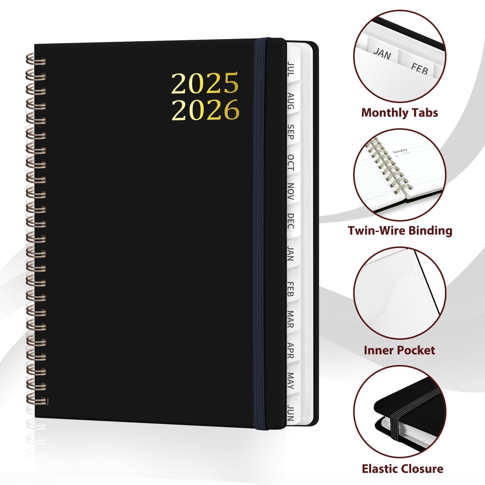 Daily Planner 2025-2026, July 2025 - June 2026 Planner, Hard Cover Black