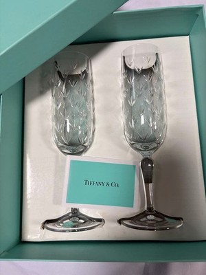 Tiffany & Co. Floret Champagne champaign Pair Set Wine Glass W/ Blue JPN Box
