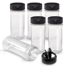 RoyalHouse 6 Pack 5.5 Oz Plastic Spice Jars with Black Cap, Clear and Safe Pl...