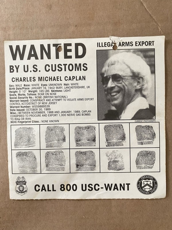 Vtg 1989 Original U.S. Customs WANTED Poster Charles Michael Caplan Arms Export