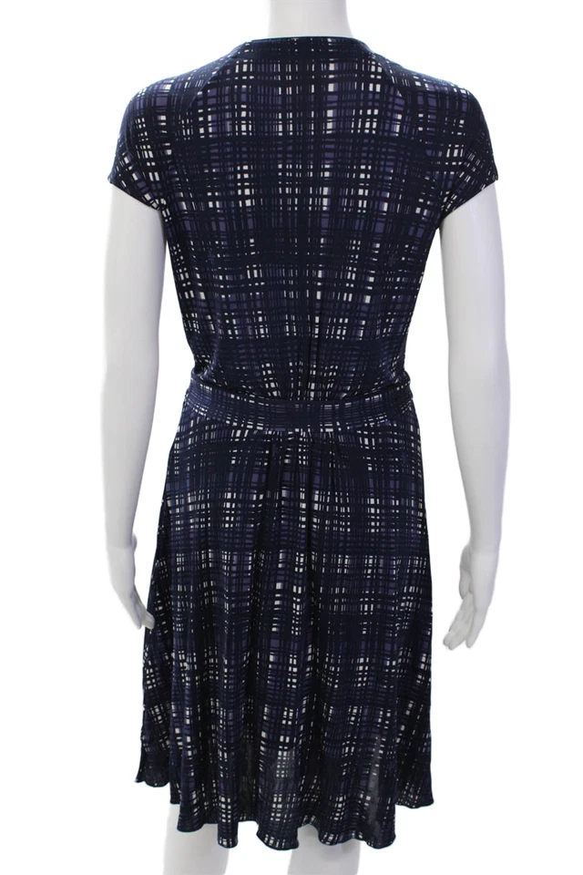 Tory Burch Womens Plaid Short Sleeves A Line Dress Navy Blue Purple Size Small - Image 3 of 4