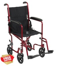 Drive Medical Red Aluminum Transport Wheelchair Lightweight Swing-Away Footrest