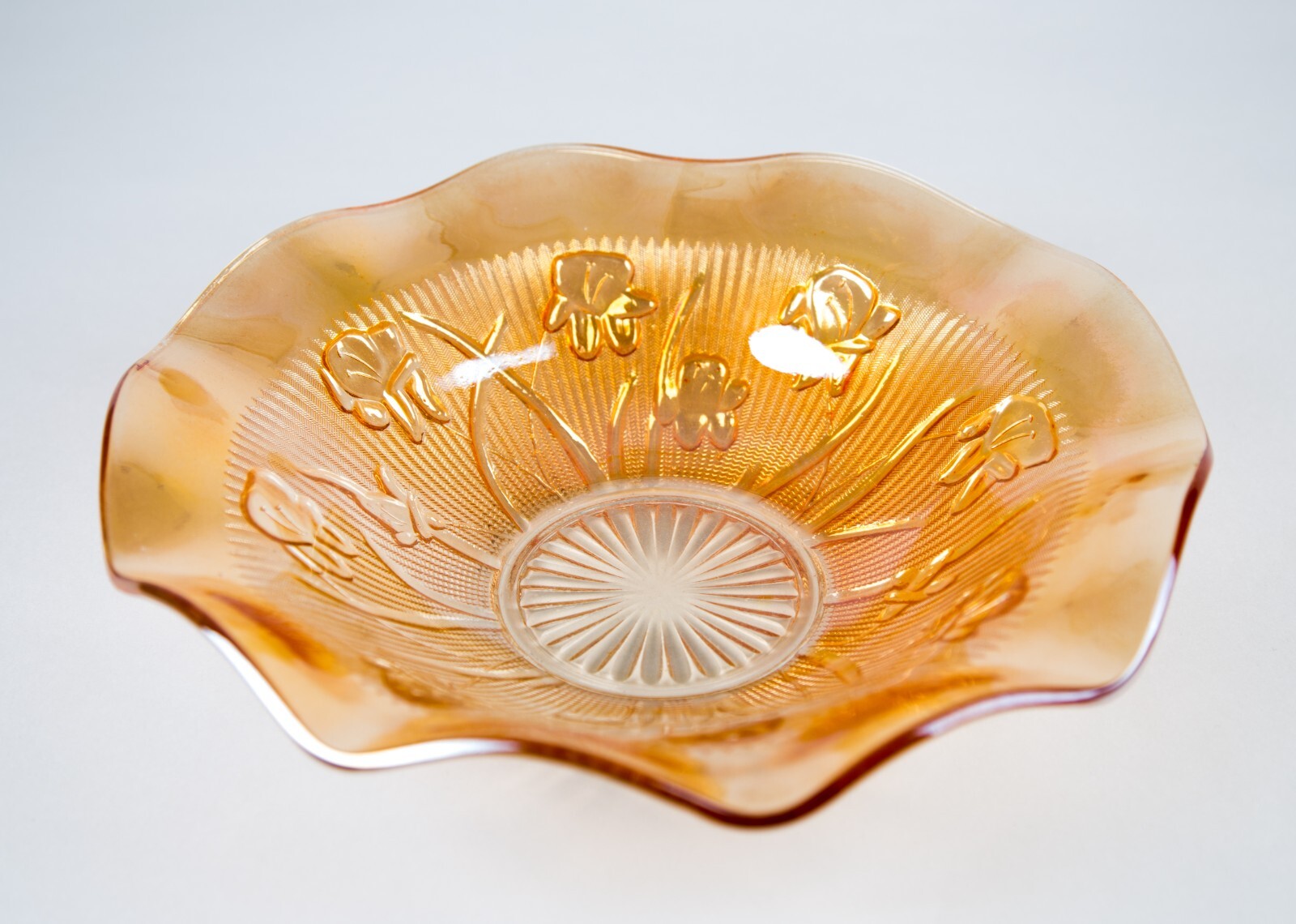 Glass Iris Iridescent Large Fruit Bowl Ruffled Edge 11