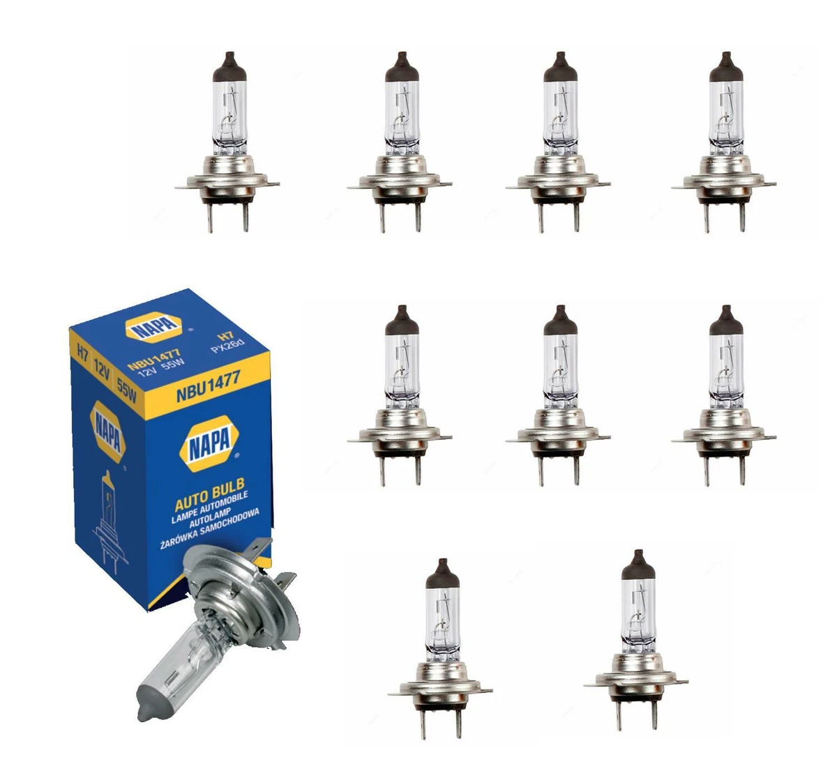 10 x Genuine NAPA H7 499 HEADLAMP HEADLIGHT CAR BULBS 12v 55w 2 PIN 477