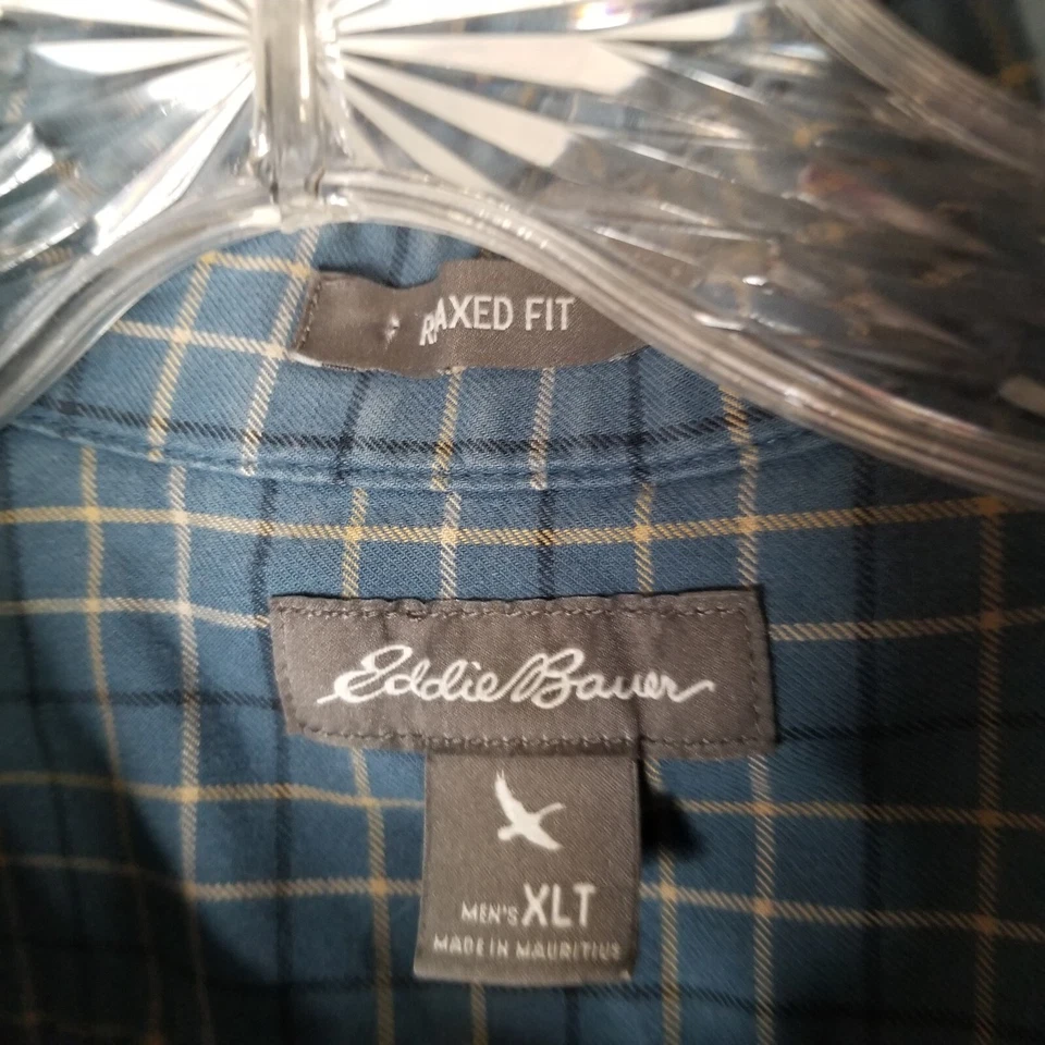 Camisa de Vestir Eddie Bauer Para Hombres XL Alta Azul Rejilla Cuadros Botones XLT Relajada Foto 3 de 4