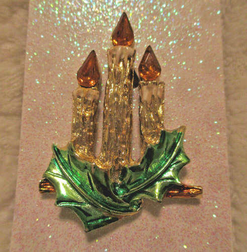 Vintage~Spilla Candele di Natale~1,75"~Strass Ambra~anni '70 - Foto 3 di 9