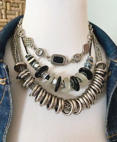 Steampunk Machine Age Inspired Industrial Trio Of Necklaces, Black, Modernist