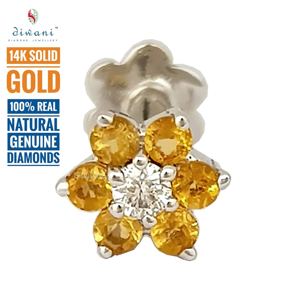 Tornillo perno perno perno labret labio nariz flor diamante natural 1 y 6 piedras preciosas Foto 2 de 4