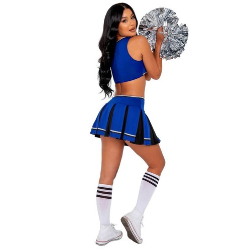 Cheerleader Costume Set Playboy Crop Top Pleated Mini Skirt Pom Poms Blue PB138 - Picture 5 of 5