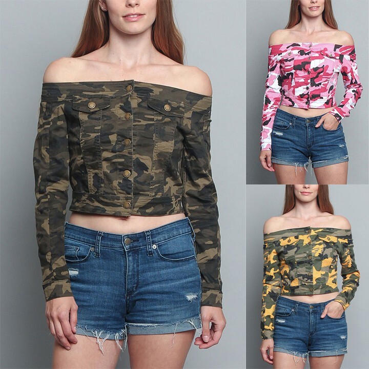American Bazi Women's Casual Colored Camo Off the Shoulder