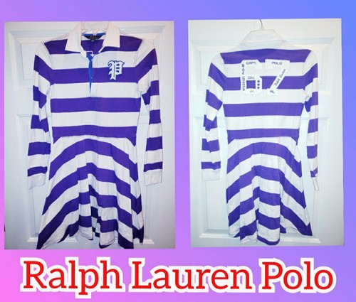 Ralph Lauren POLO Dress  16  XL/ TG Purple LOGO Signature Rugby Stripe 
