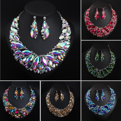 Boho Crystal Wedding Statement Necklace & Earrings Set — Gold Floral Rhinestone Bib Necklace For Women - View #11