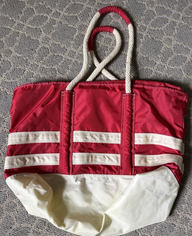 Bolso de nailon LL Bean vintage, asas de cuerda y barco rojo y blanco Foto 3 de 4