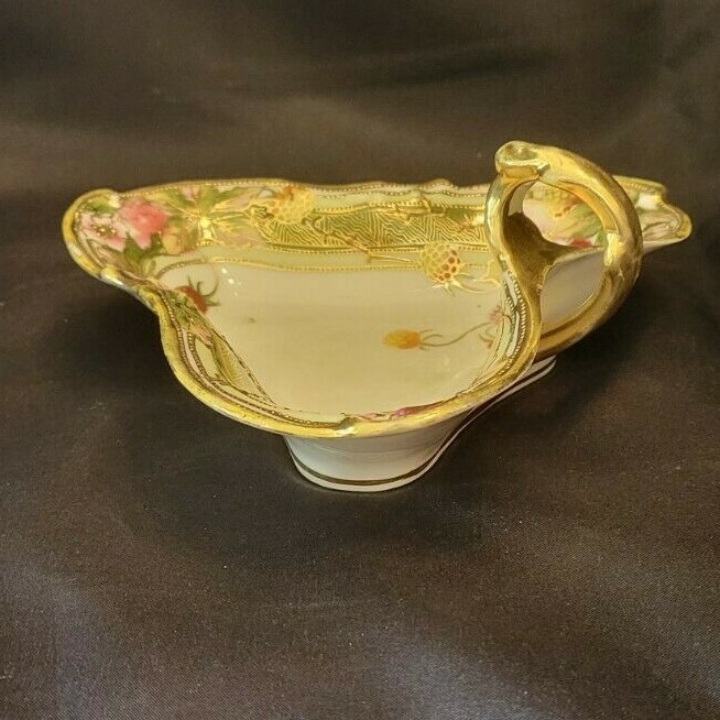 Nippon Moriage Hand Painted Triangle Bowl w/ Handle and Ornate Gold Trim