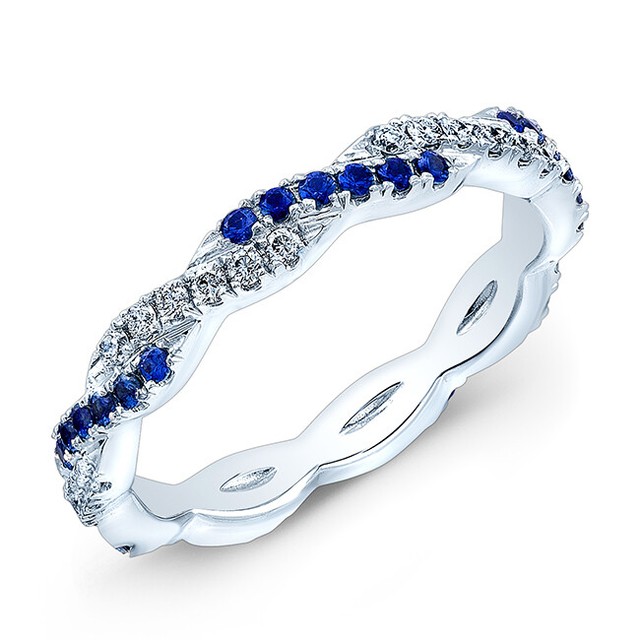Blue Sapphire Diamond Braided Eternity Ring Twist 18k White Gold Band