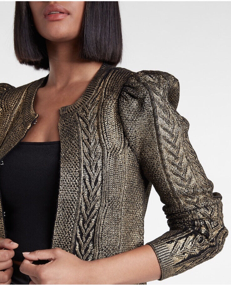 NEW EXPRESS GOLD Foil Metallic Cable Knit SWEATER JACKET NEW EXPRESS GOLD Foil Metallic Cable Knit SWEATER JACKET