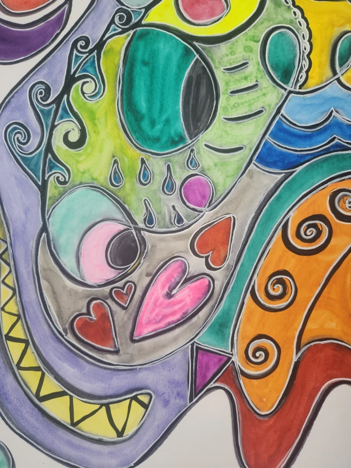 Pintura Acuarela Abstracta Original Ojos Con Detalles Tinta Blanca, Sin Enmarcar Foto 4 de 4