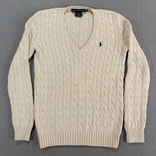 Polo Ralph Lauren Sport Women's V Neck Cable Knit Sweater Sz M Cream Cotton Read