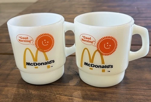 2 Vintage Anchor Hocking Fire King McDonald's Good Morning Milk Glass Coffee Mug