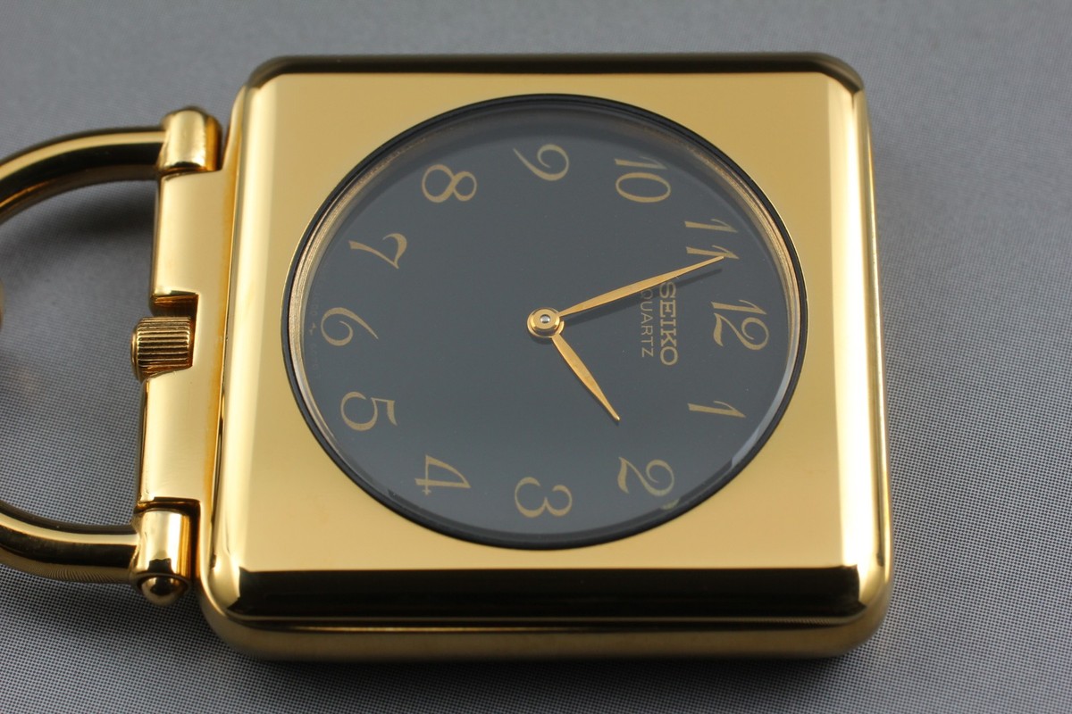 Vtg 1983 Seiko Trenew Pocket Watch 1400-1130 Black Gold Square
