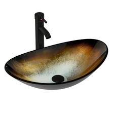 Bathroom Tempered Glass Vessel Sink Bowl Combo Set  ORB Faucet  Pop Up Drain