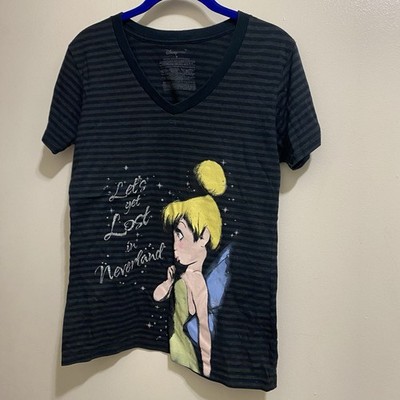 Disney Womens M Tinkerbell Tee T Shirt Let s Get Lost In Neverland Black Stripes